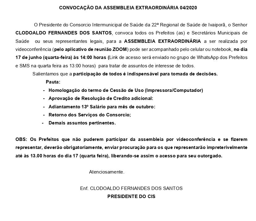 CONVOCAÇÃO DA ASSEMBLEIA EXTRAORDINÁRIA 04/2020